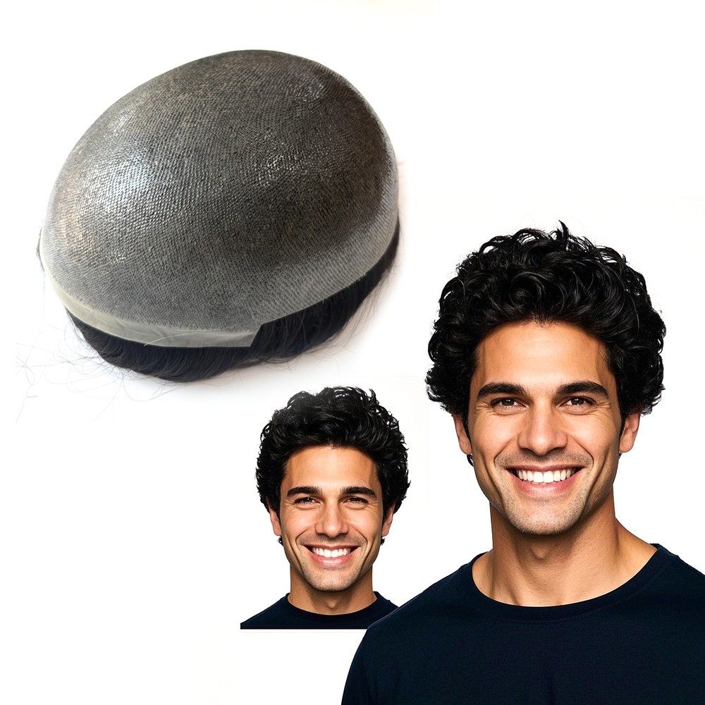 Mens Toupee Human Hair System Full Poly Thin Skin Hair Piece Replacement System