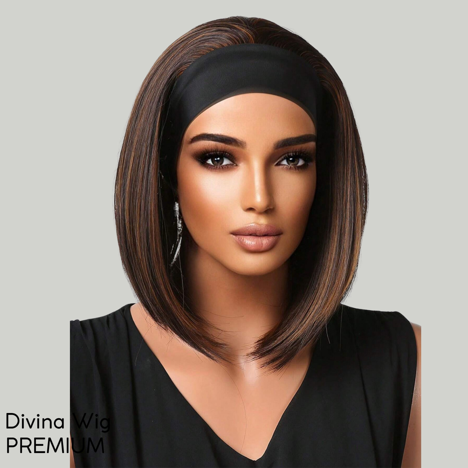 Straight Bob Headband Wig Brown Highlights Synthetic Hair 12 Inch Natural Look G