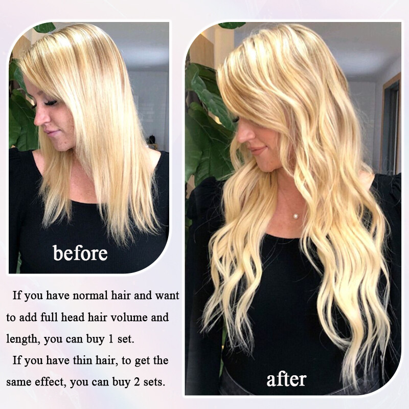 Double Wefts Clip In Russian Remy Human Hair Extensions Blonde Full Head Thick