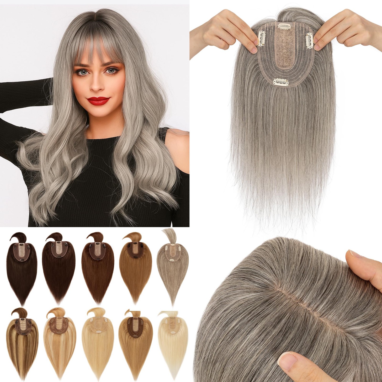Sego Grey Hair Toppers For Women Real Human Hair Bangs Salt And Pepper Hair