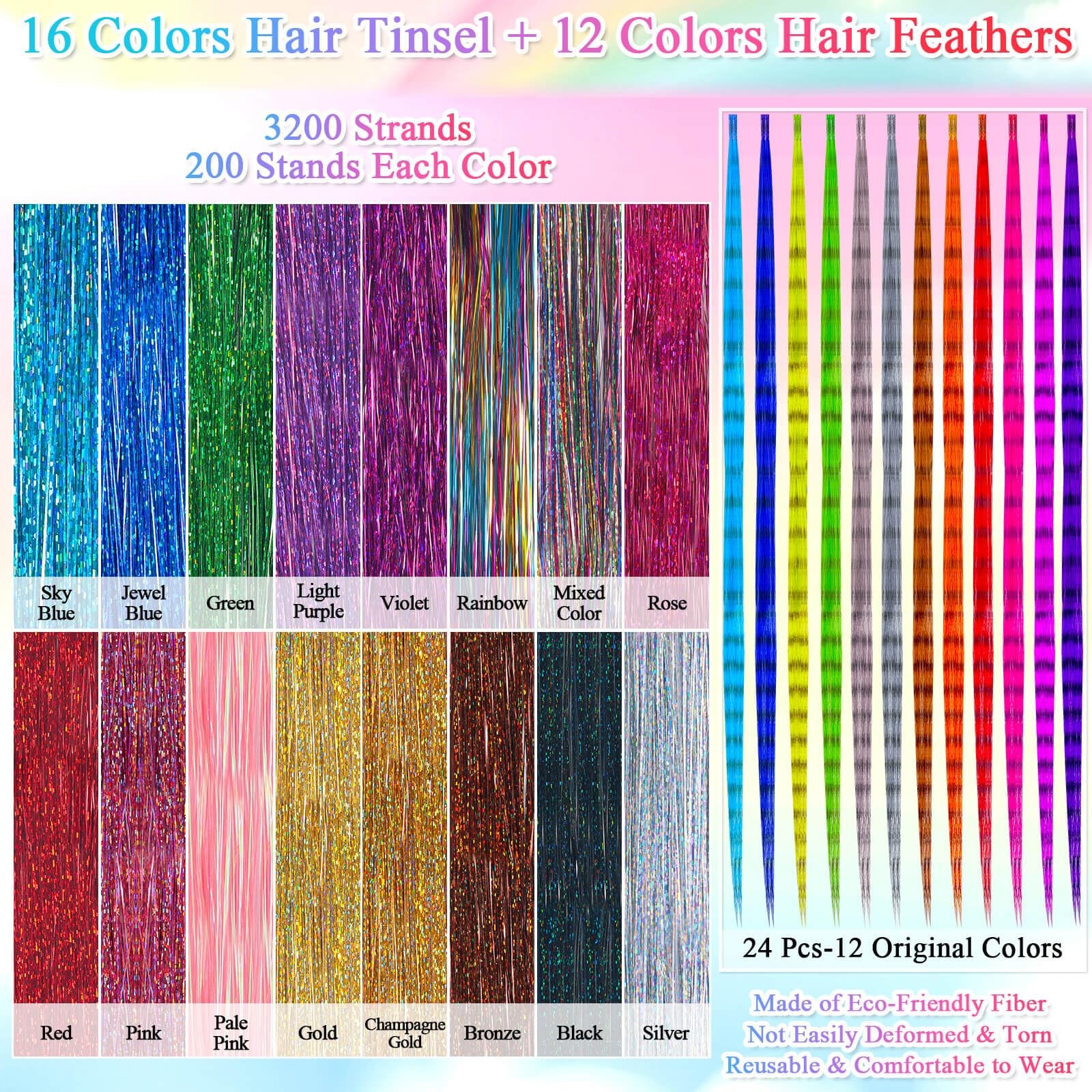 Hair Tinsel Kit, 16 Colors, 3200 Strands Tinsel & 12 Colors Hair Feathers – S…