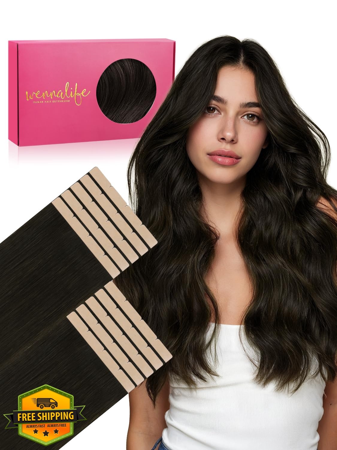 Wennalife 8cm #1B Natural Black 18″ 50g 10pcs Tape In Hair
