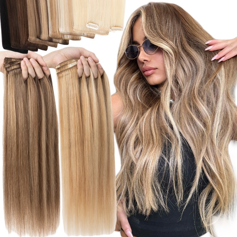 Thick Double Weft Clip In Real Remy Human Hair Extensions Full Head Highlight US