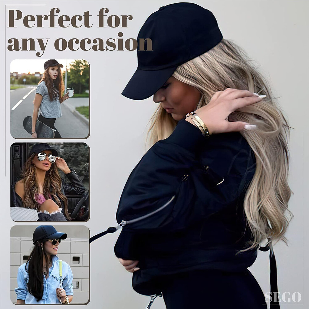 Baseball Hat Cap with Fake Hair Soft Long Wavy Hair Wigs Caps for Women 6″-18″