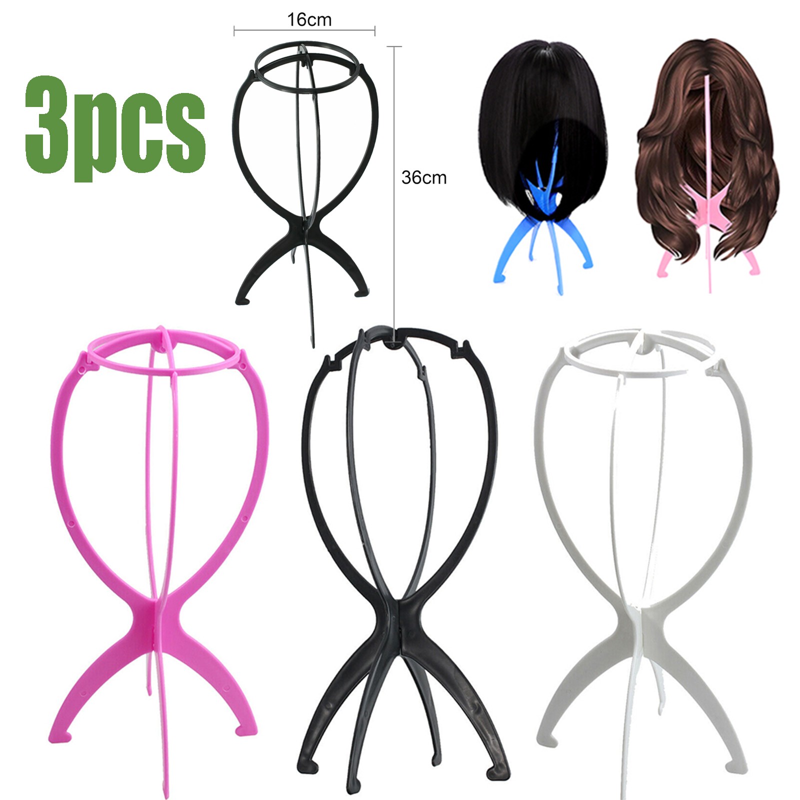 3Pcs Wig Display Mannequin Head Hat Cap Hair Holder Foldable Stable Tool Plastic