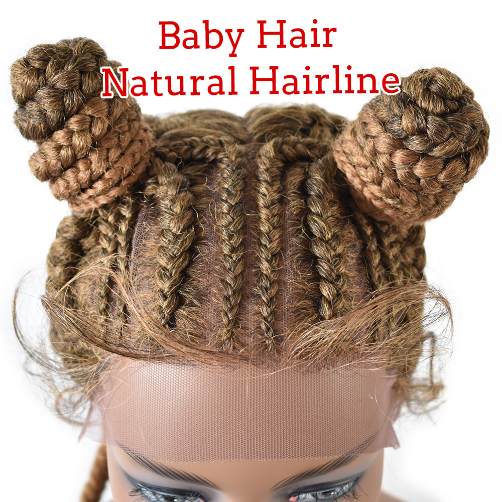 Swiss Lace Front Cornrow Box Braided Women Wigs Baby Hair 2 Updo Buns Ponytails