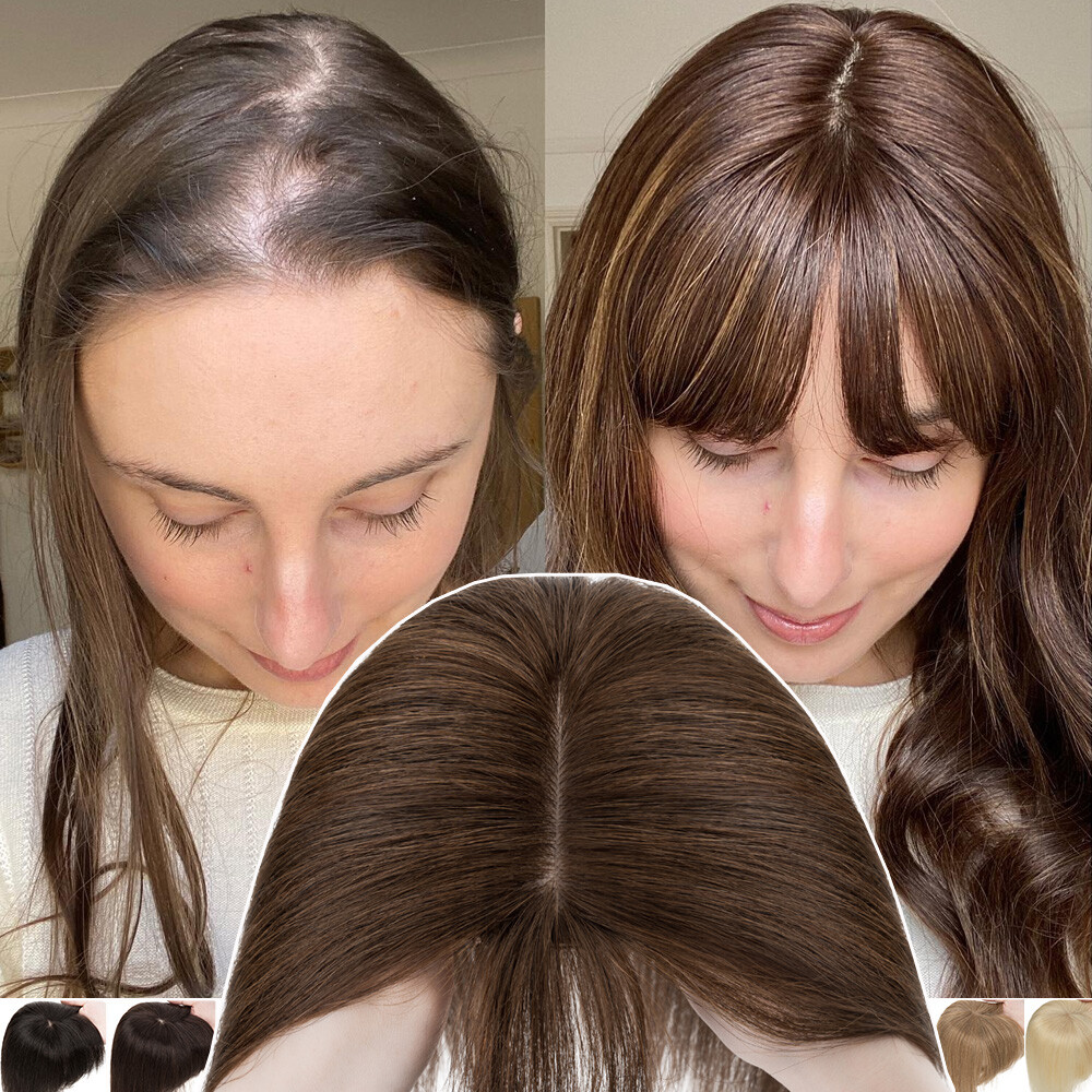 Silky Base Clip In 100% Real Human Hair Topper Hairpiece Toupee Wigs Hair Bangs