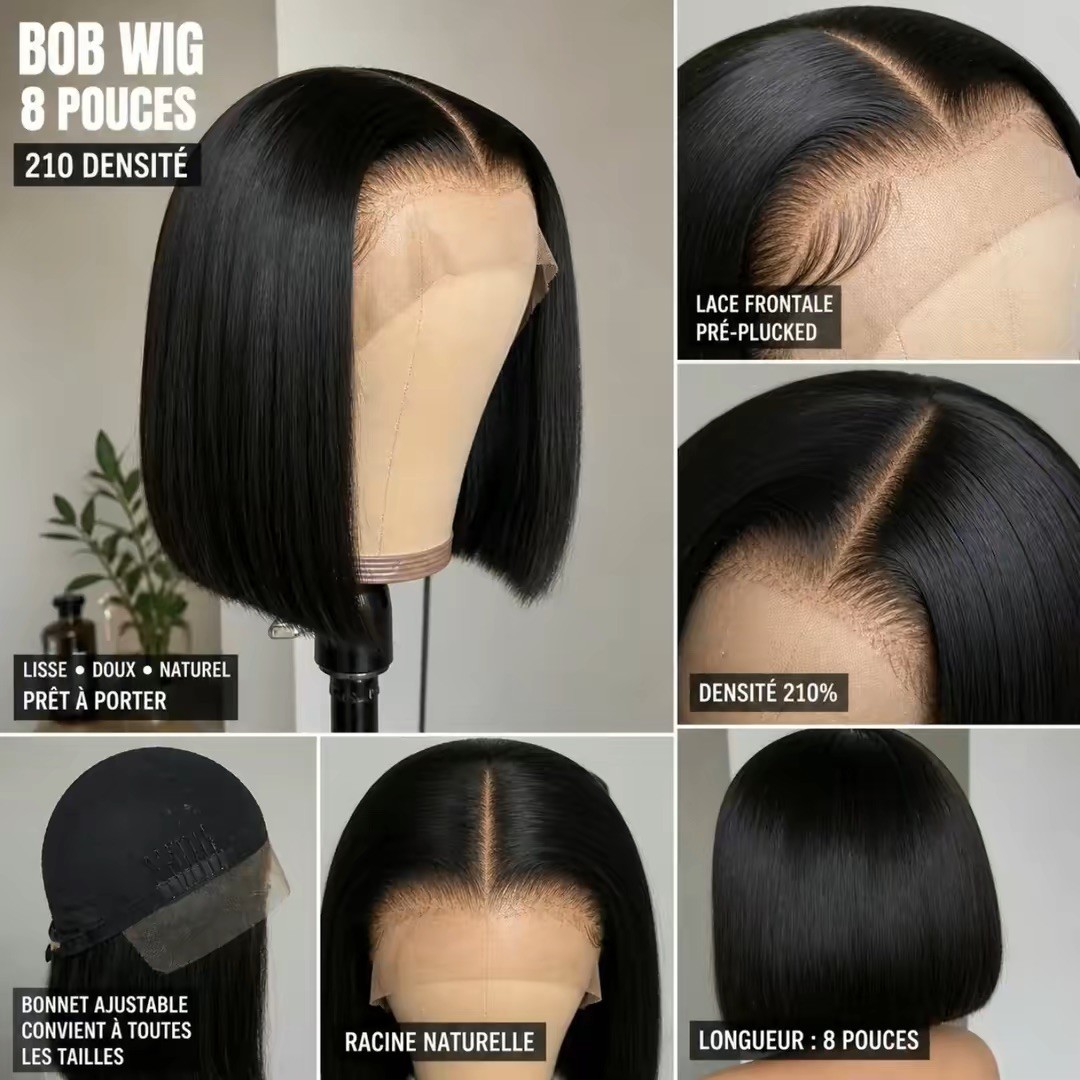 Women’s Lace Front Bob Wig Straight Black Pre-Plucked Adjustable Strap 10 in