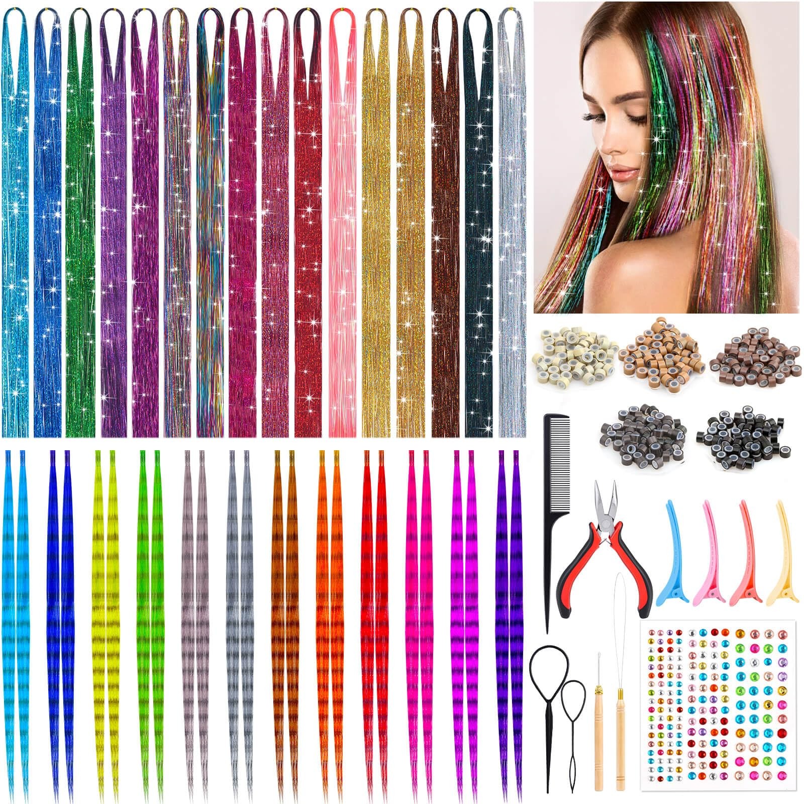 Hair Tinsel Kit, 16 Colors, 3200 Strands Tinsel & 12 Colors Hair Feathers – S…