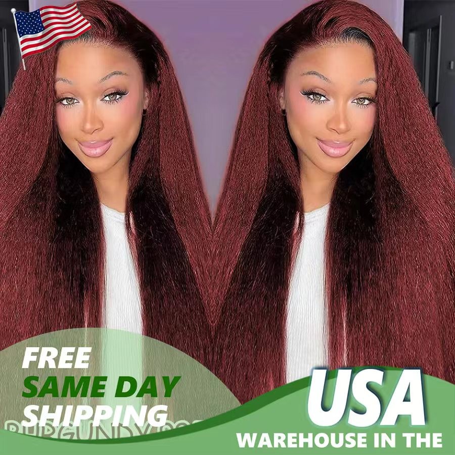 13×4 Kinky Straigh 99J Burgundy Human Hair Transparent Lace