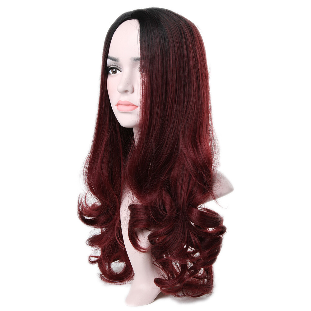 Long Ombre Black root Burg Wavy Synthetic Hair Wig Cos Glueless Wig Heat Safe