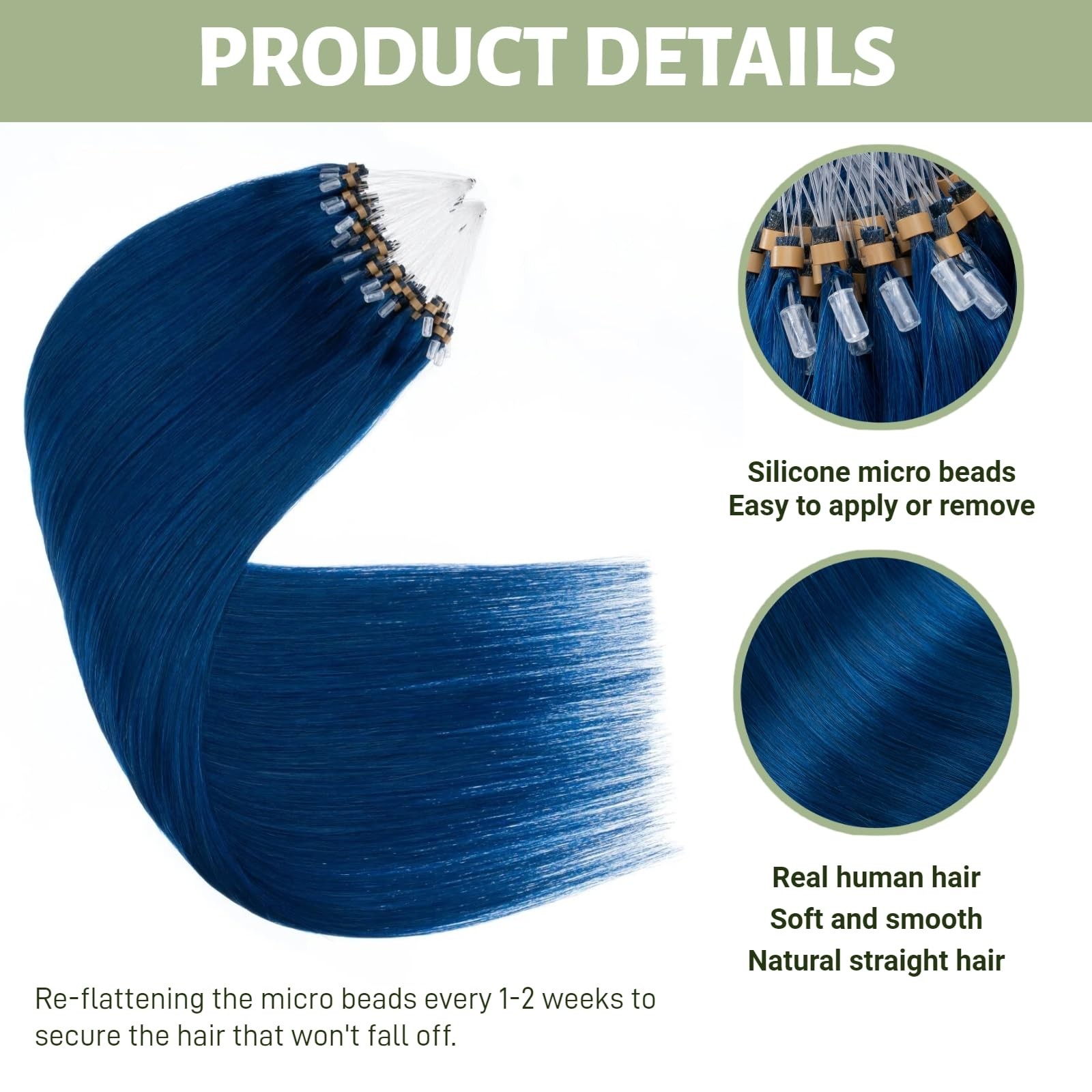 Jinyisong Microlink Hair Extensions Human Hair Blue Color Bead Hair Extensions