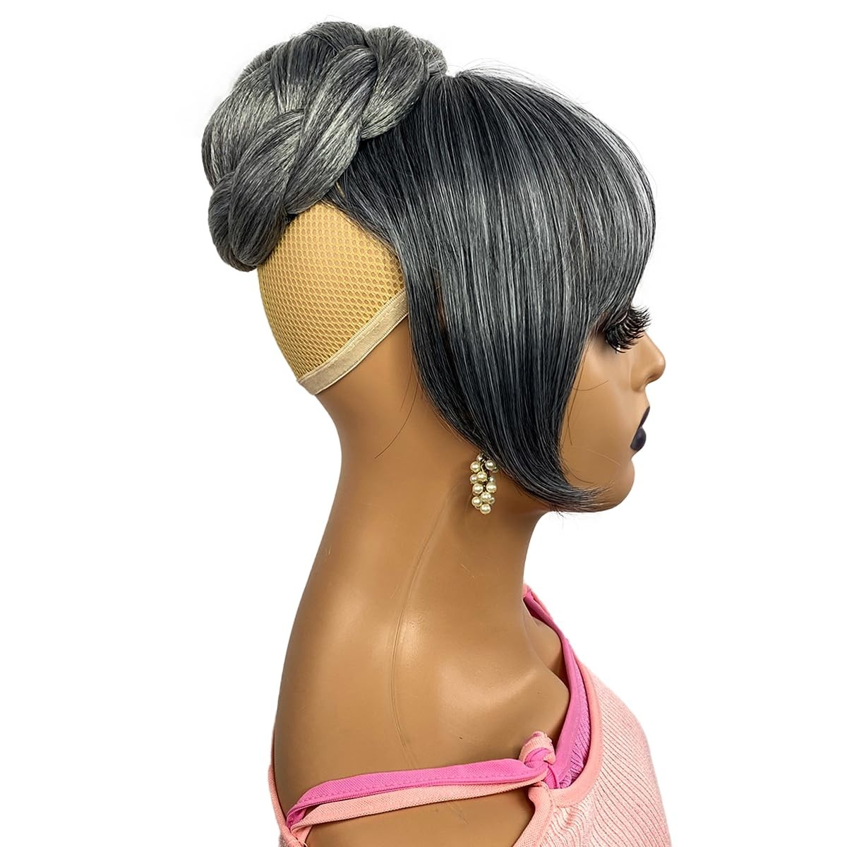 Gray Bun & Bangs Set 2PCS – Salt and Pepper Grey Clip in French Bangs with Tw…