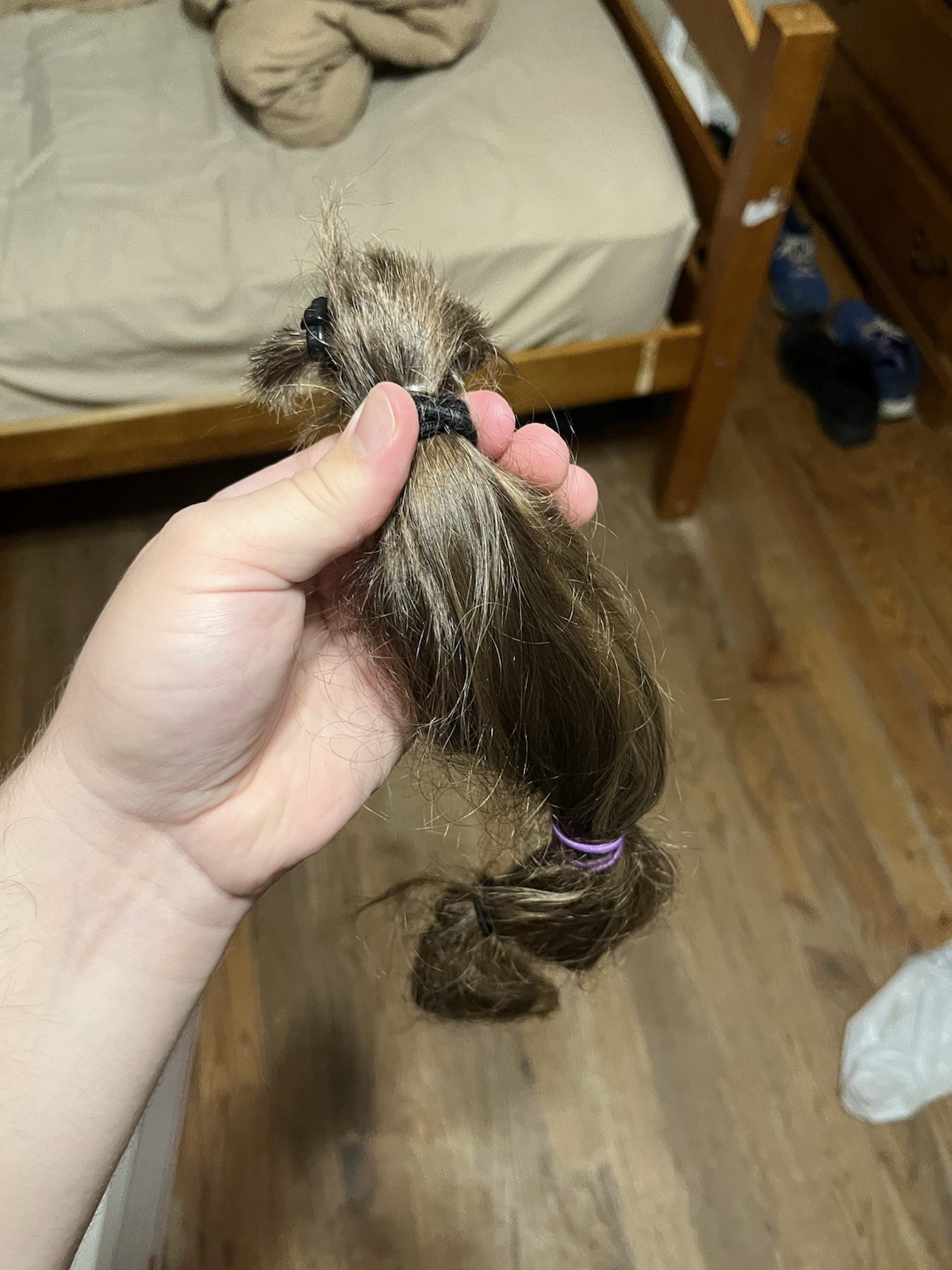 natural untreated medium/dark blonde hair, 11-12inch long, 3inch diameter