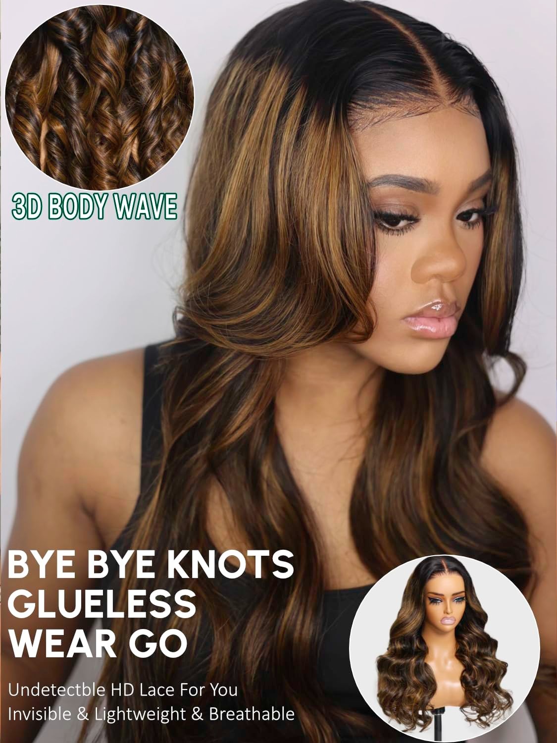 Glueless Ombre Brown Body Wave Lace Front Wig – 18″ Pre Plucked Human Hair, Read