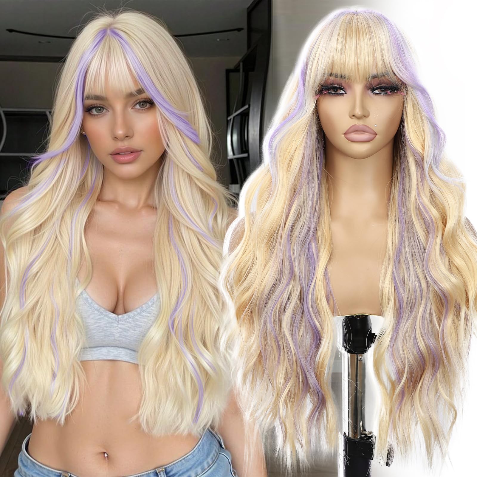 Blonde Wavy Wigs With Bangs for Women Body Wavy Synthetic Wig Highlight Blond…