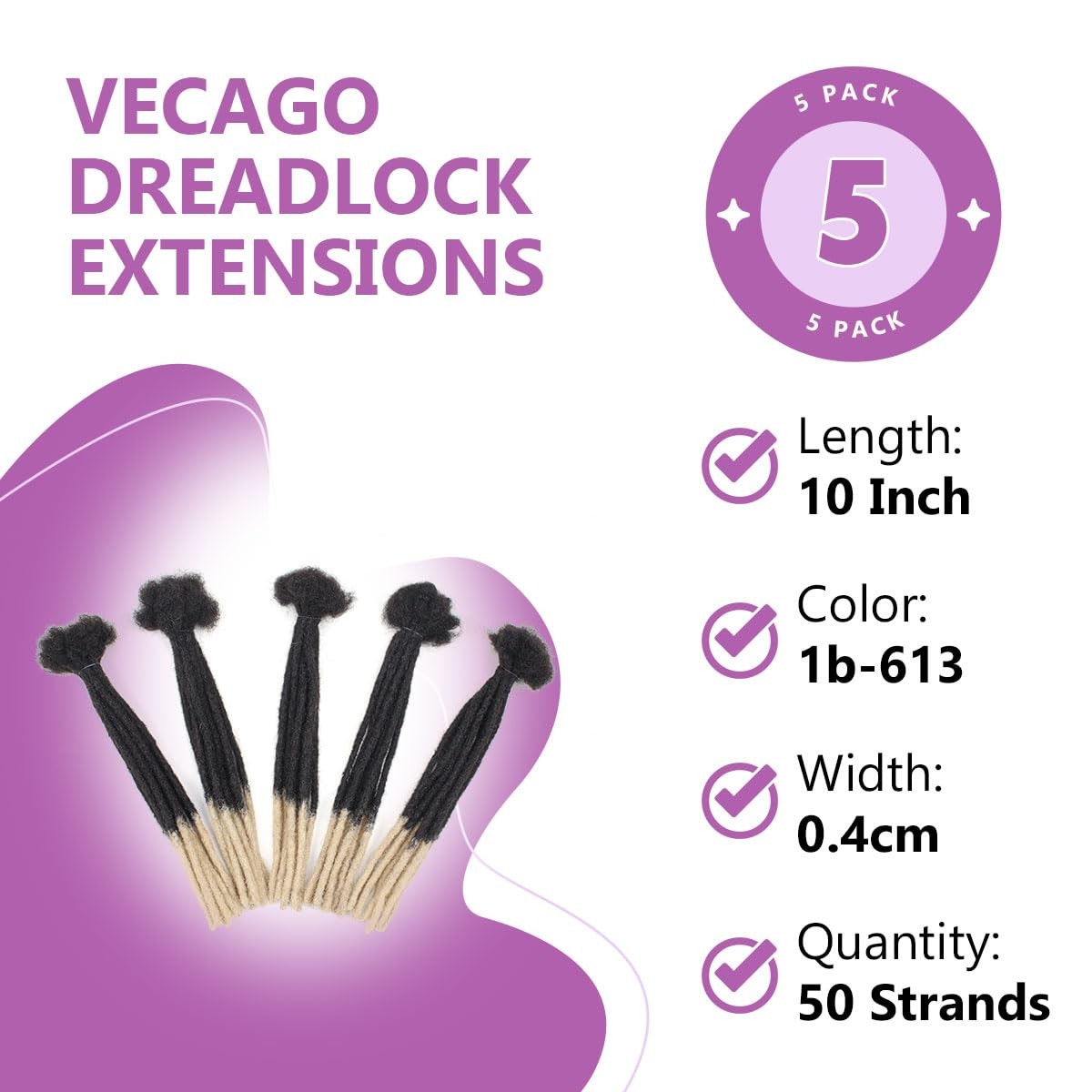 Vecago 10 Inch 50 Strands Loc Extensions Human Hair 0.4Cm Width 100 Human Hair