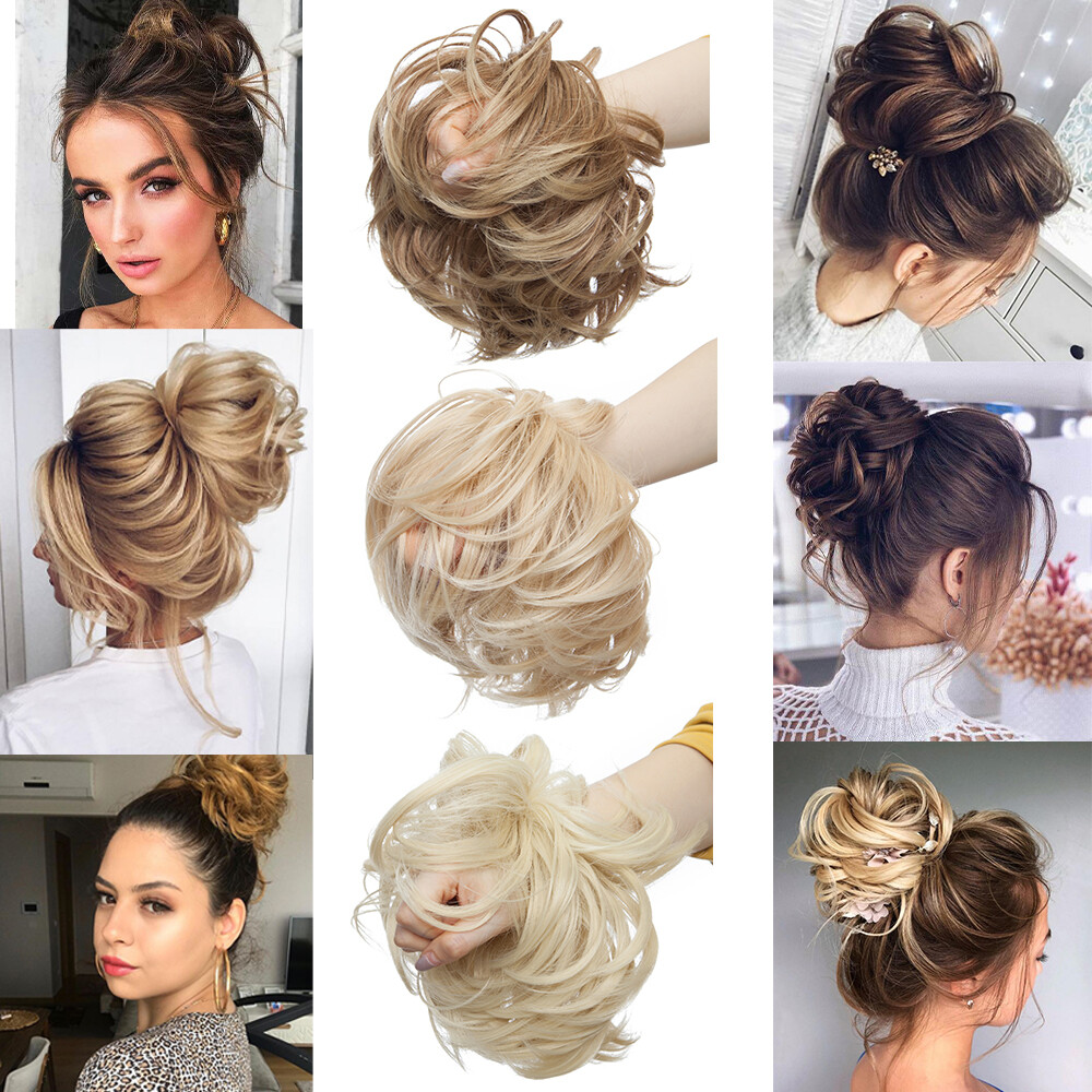 Curly Messy Bun Hair Piece Scrunchie Updo Wrap on Cover Hair Extensions As Human