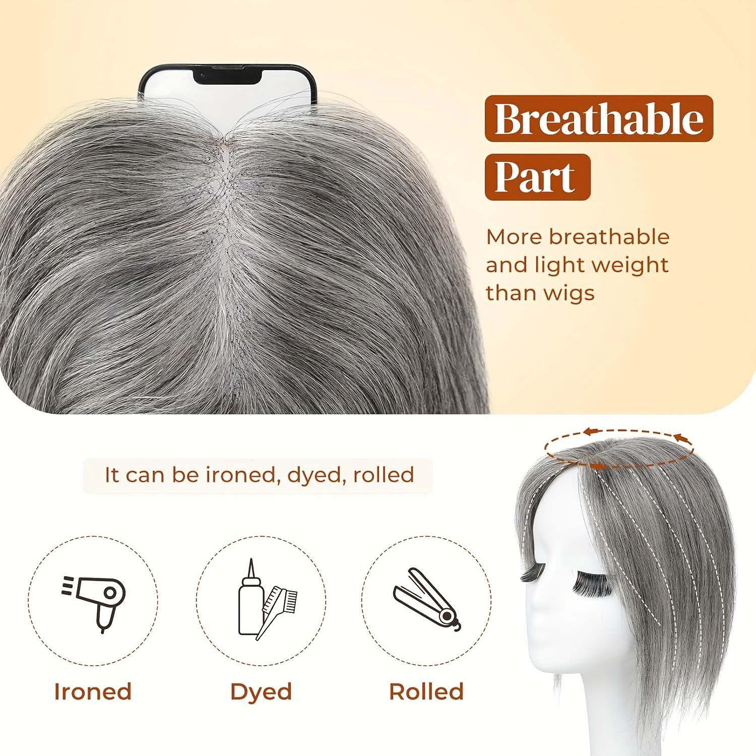 Premium Breathable Human Hair Topper with Bangs for Thinning & Gray Hair Needs