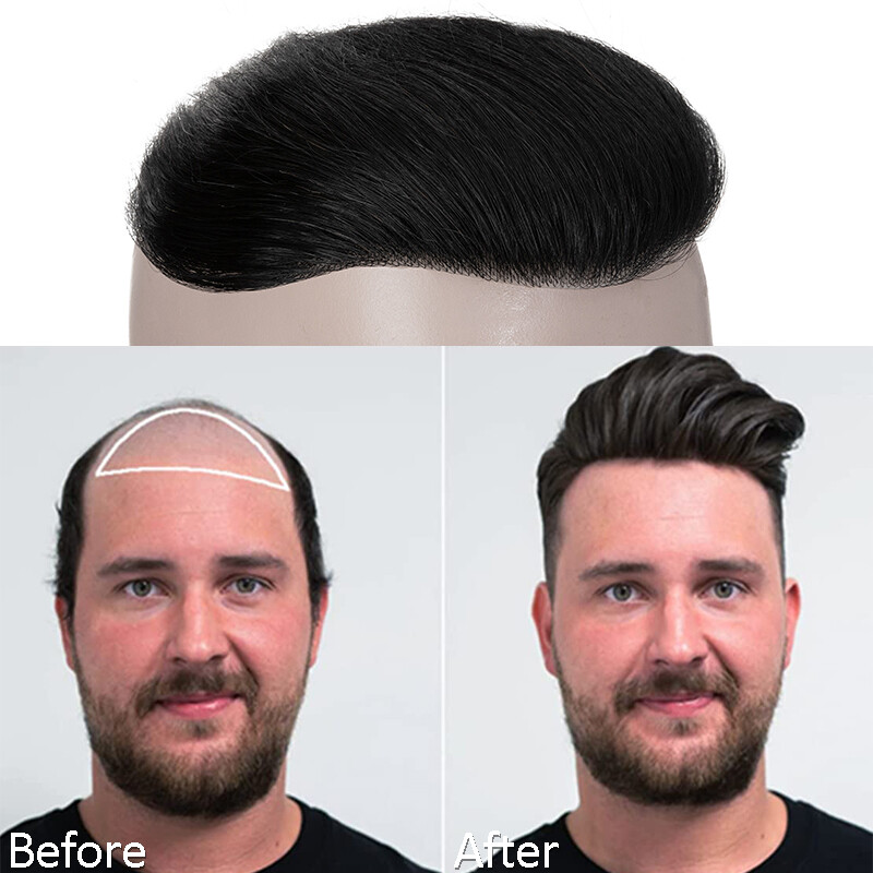 Mens Toupee for Frontal Receding Hairline Real Human Hair V-Looped PU Hairpiece