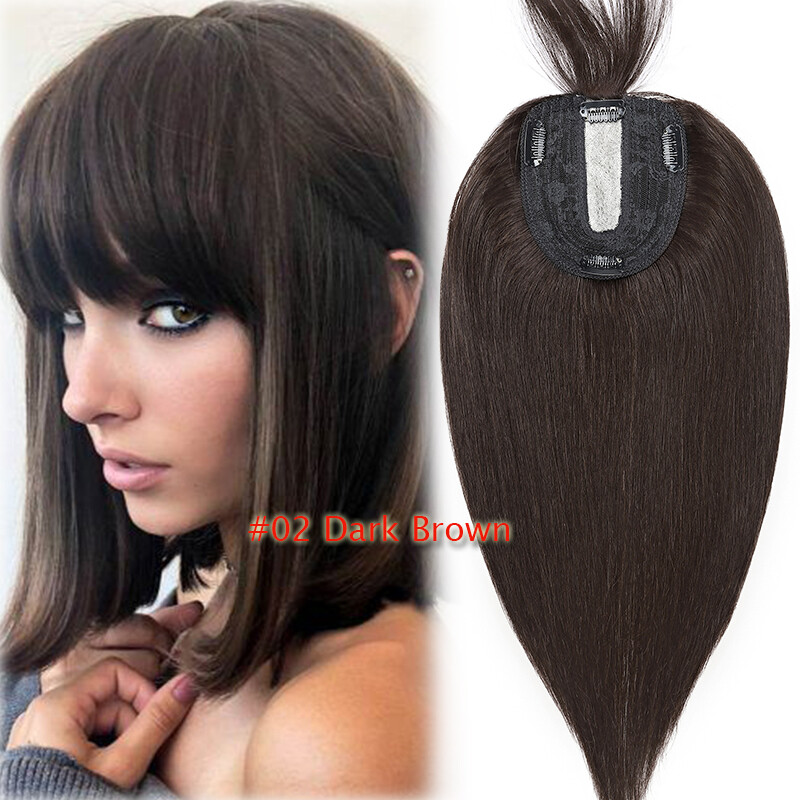 Top Silk Base 100% Remy Human Hair Topper Toupee Top Hairpiece Clip In Bangs Wig