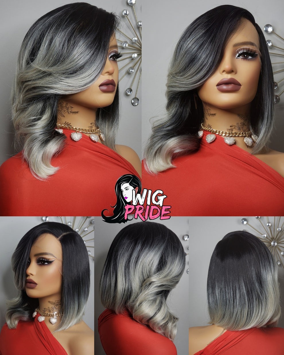 New Curly Side Bang Bob Style Lace Front Wig Black Ash Blonde Gray Ombre Womens