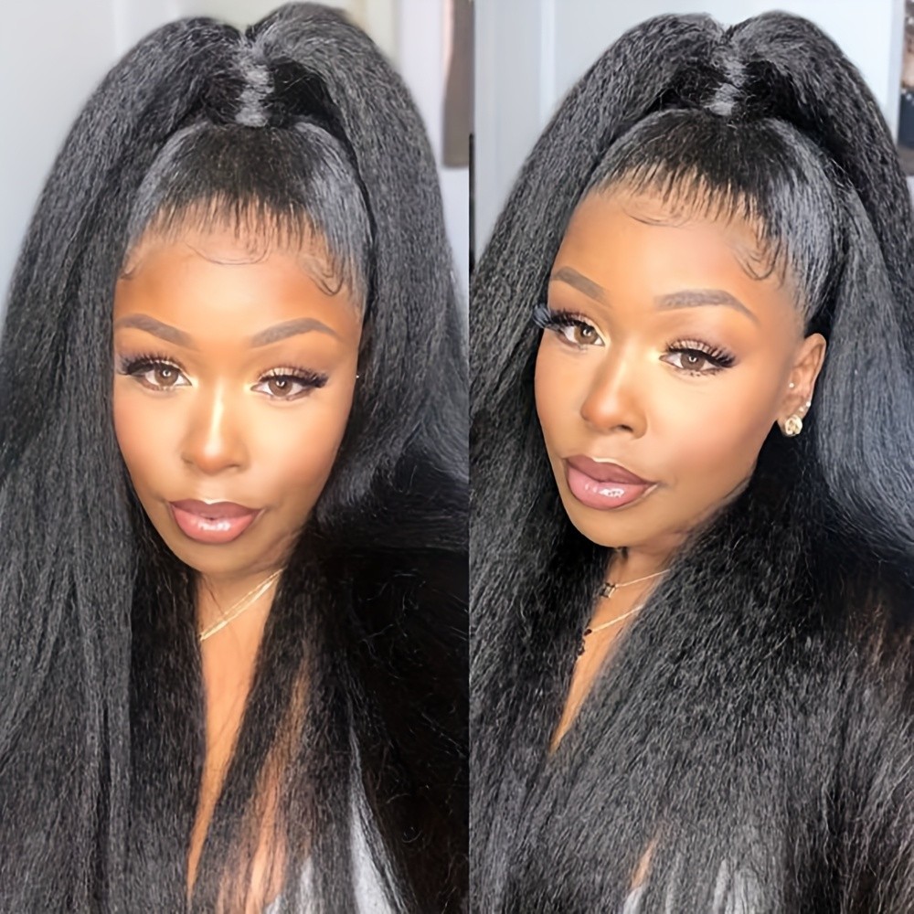 Kinky Straight Long Black Lace Front Wigs Women Daily Use Pre Plucked Hairline