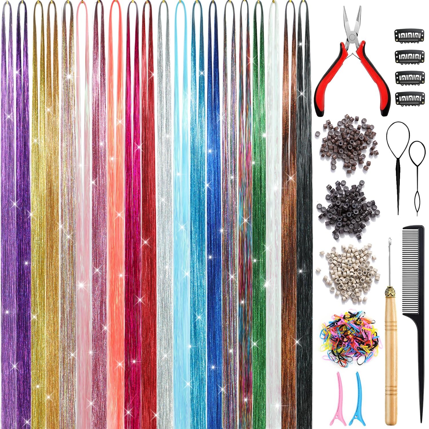 Hair Tinsel Kit (20 Colors, 8800 Strands, 48 48 Inch, 20 Colors