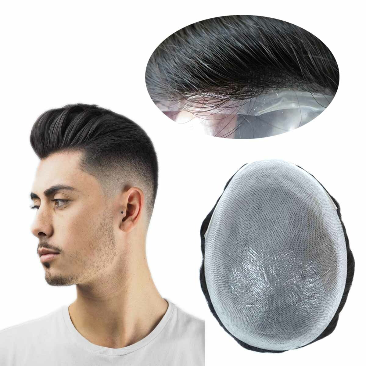 Mens Super Thin Skin V-loop Natural Human Hair Wigs Replacement System Toupee #1