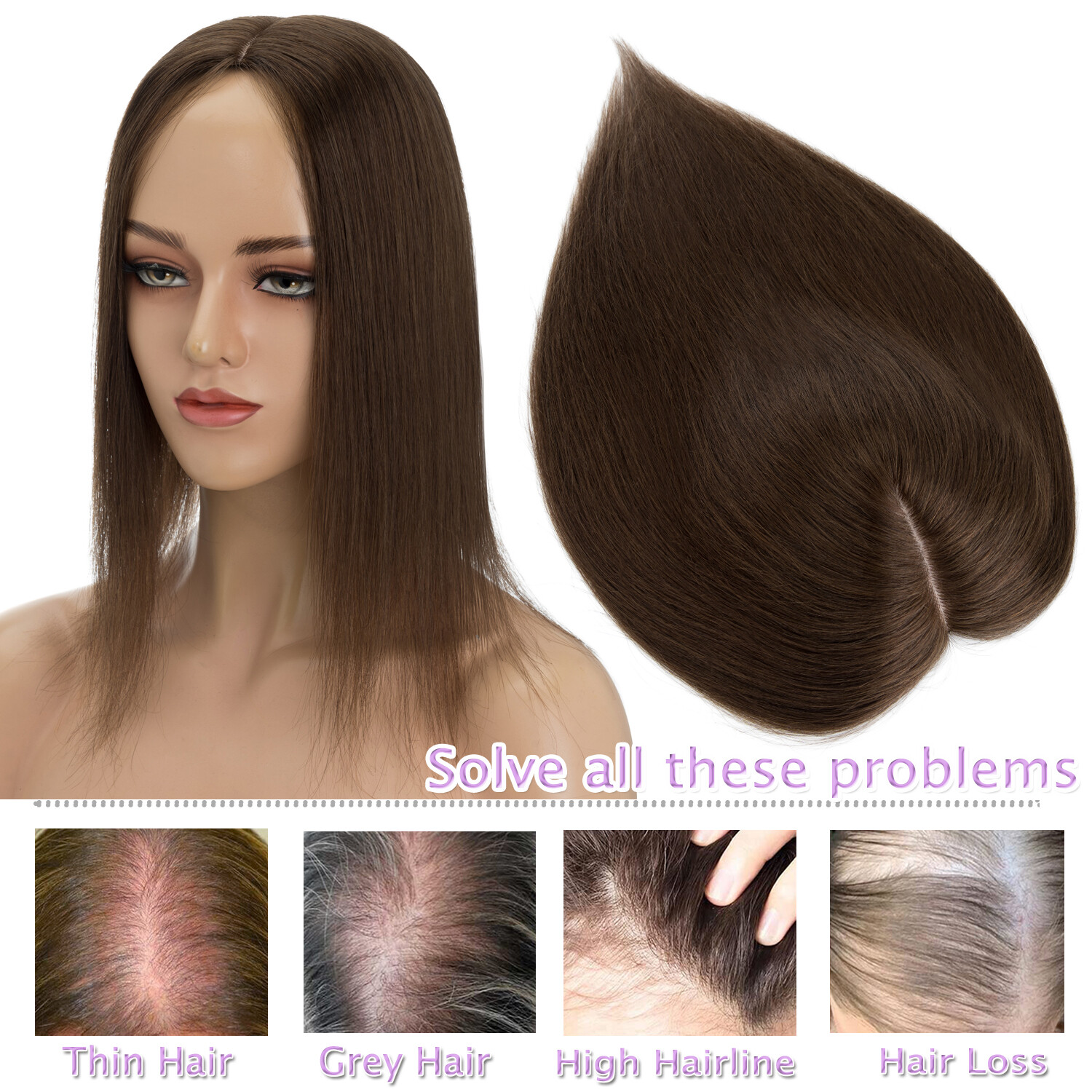 13*15 Large Human Hair Topper Hairpiece Clip In Women Hair Loss Top Piece BANGS