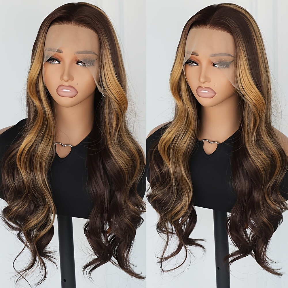 Long Wavy Wig Ombre Highlight Brown Blonde Synthetic Lace Front Wigs Pre Plucked