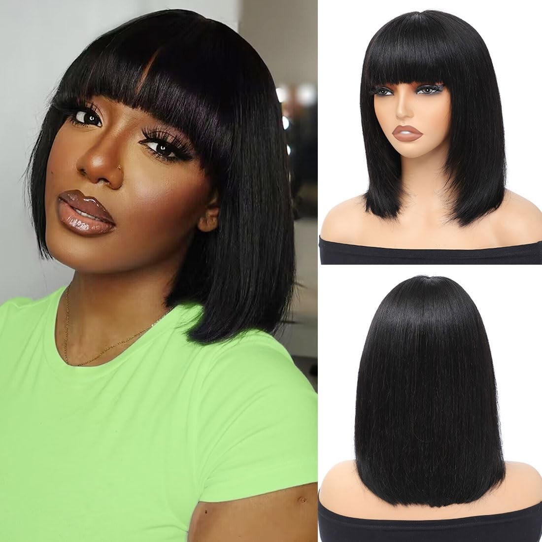 Bob WigWith Bang BrazilianVirgin Short Straight Human Hair Wig No Lace Front Wig