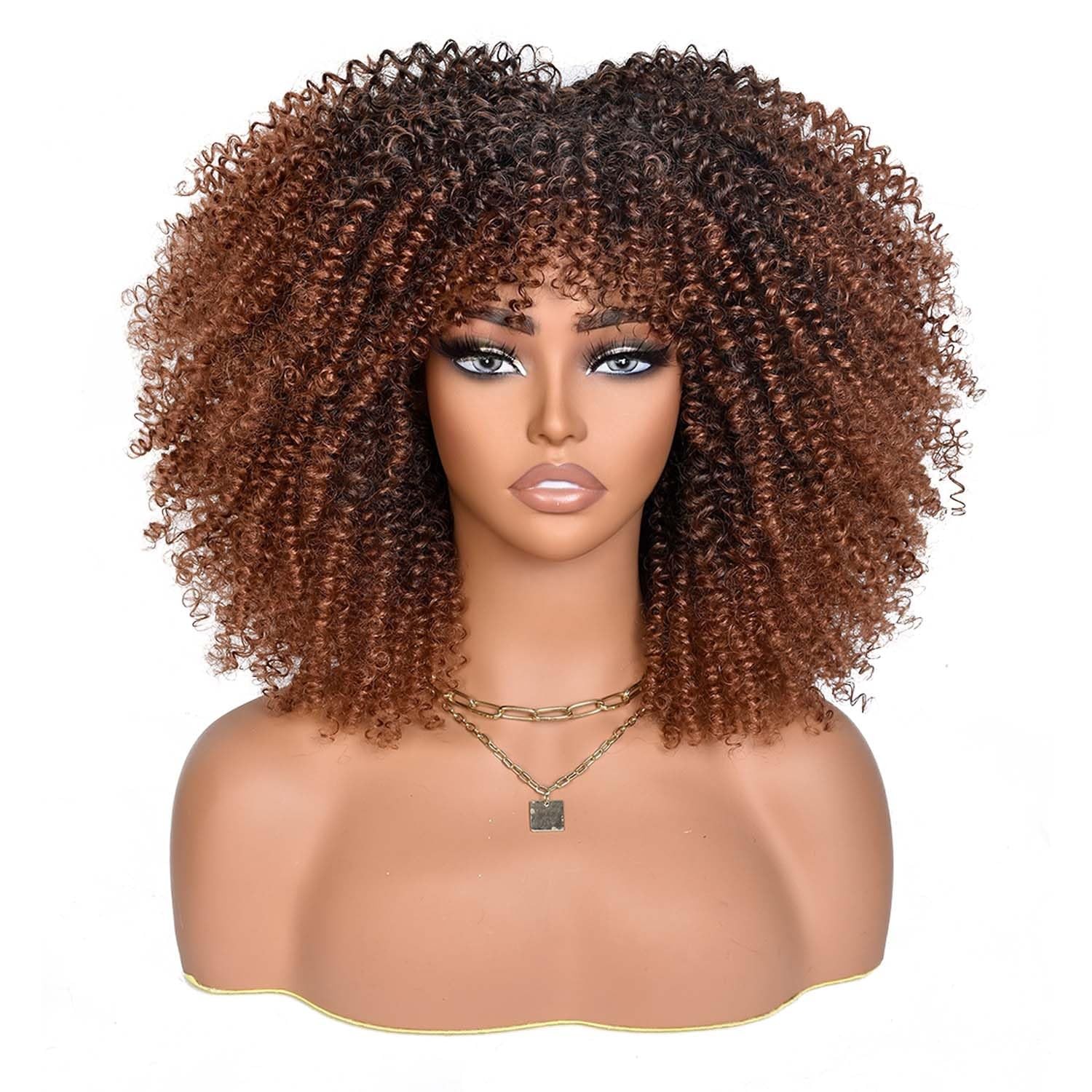 Ombre Brown Afro Curly with Bangs 14 Inch Short Synthetic Afro Black Kinky