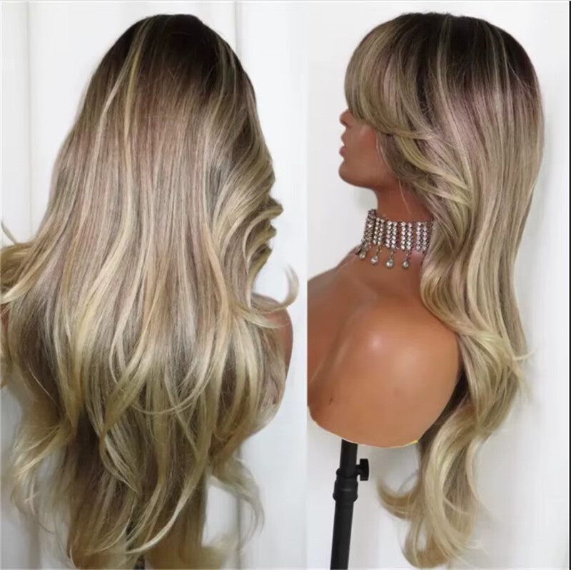 Ash Blonde Wig with Bangs Honey Blonde Balayage Human Hair 13×4 Lace Front Wigs