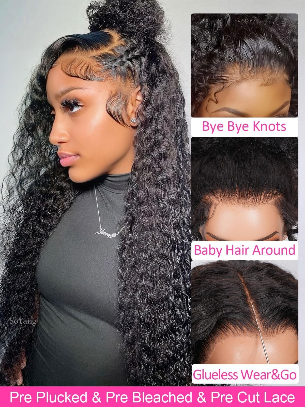 28″ 360 Lace Front Wig Human Hair Water Wave Curly 200% Density Pre Plucked