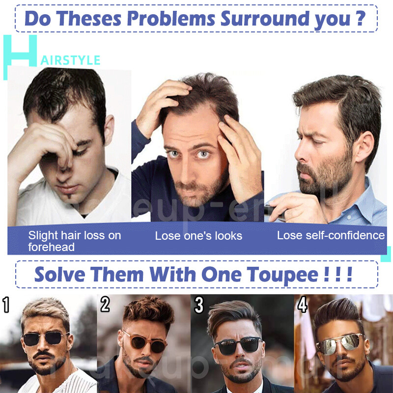 100% Virgin Human Hair Men Front Receding Hairline PU Toupee Hairpiece-More Size