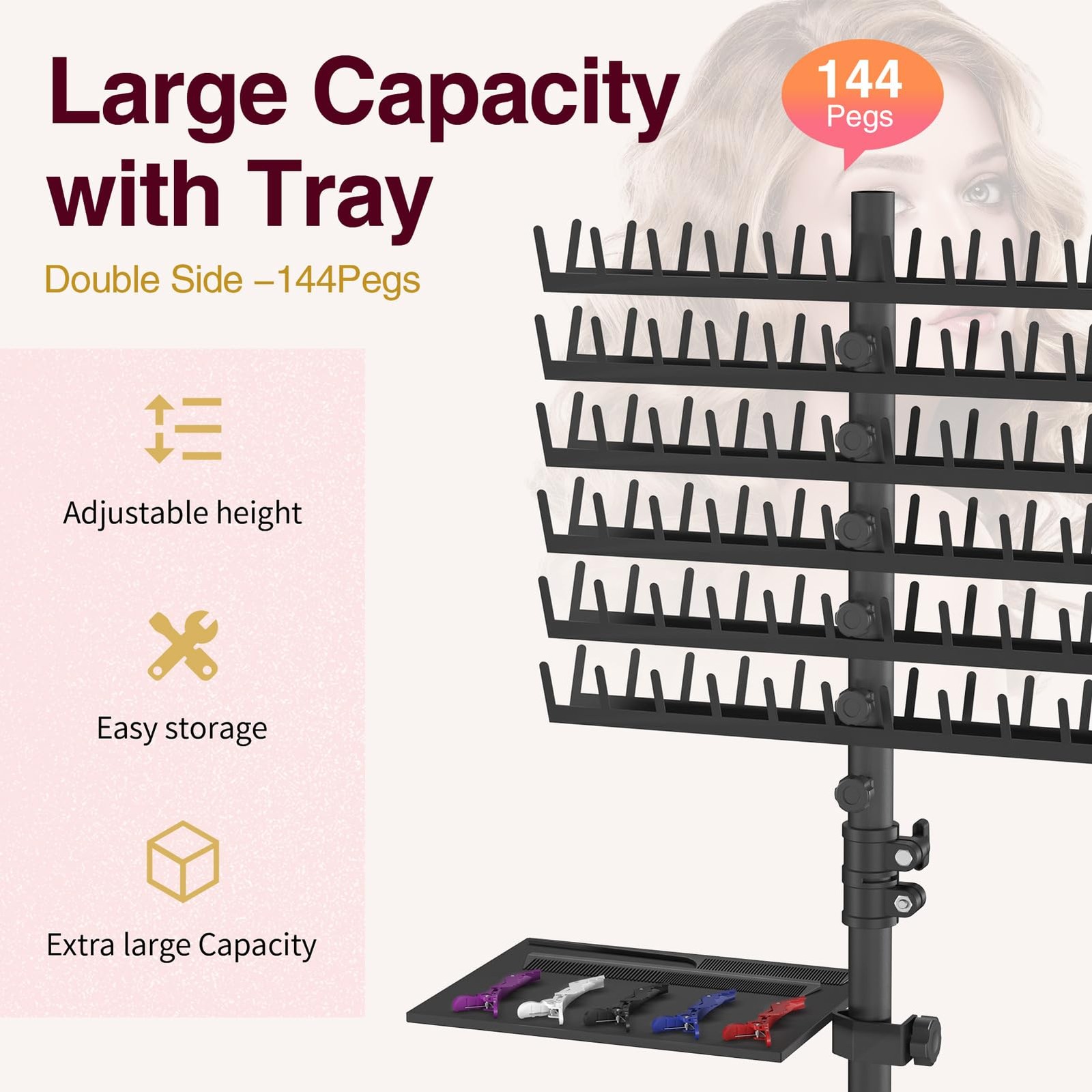 Braiding Hair Rack with Tray, 2-Sided 144 Pegs, Heavy Duty Braiding Rack Stand f