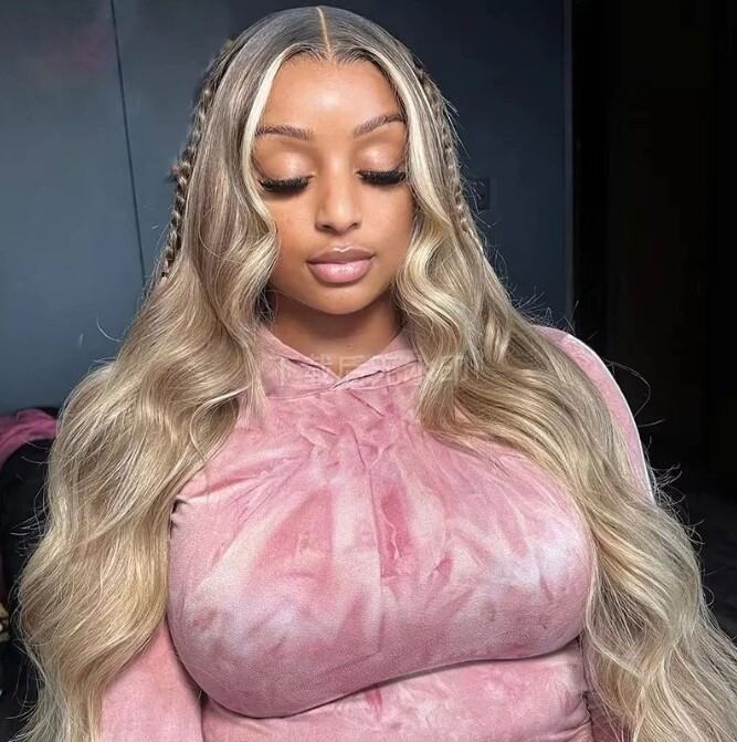 Brown Highlight Ash Blonde Body Wave Lace Frontal Wig Pre Plucked Human Hair Wig