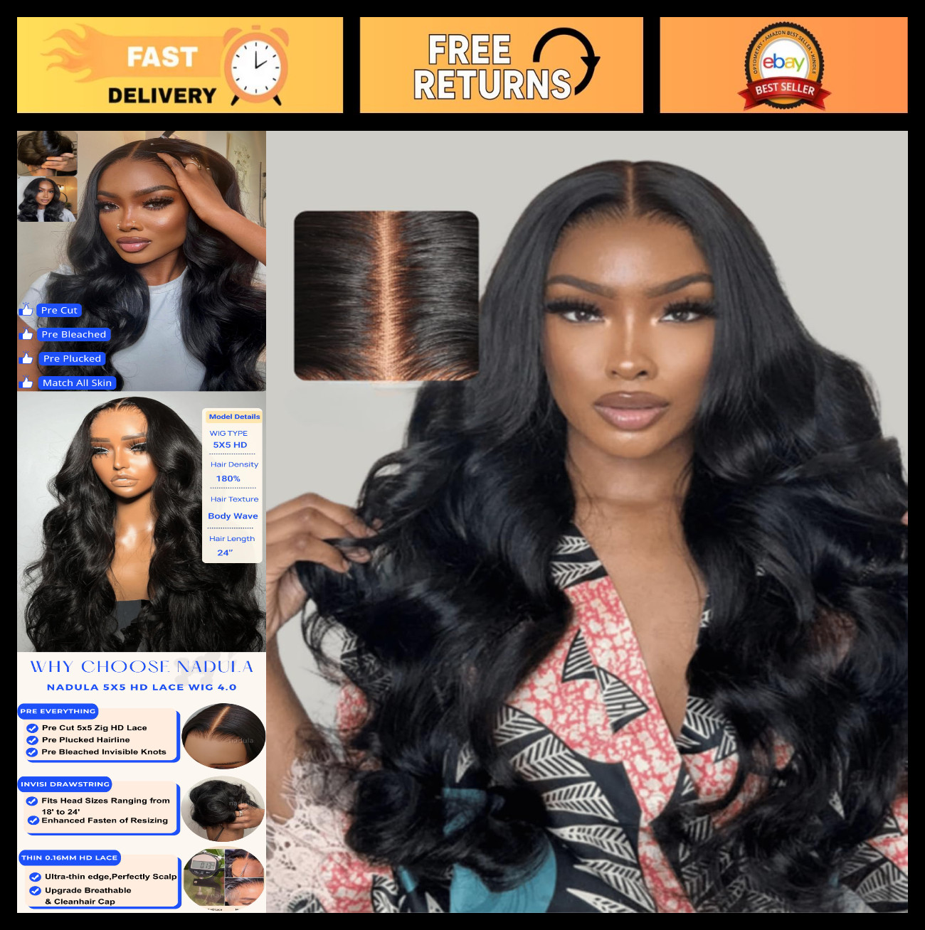 Glueless 5×5 Body Wave Drawstring Wig – 180% Density, Pre-Plucked, 24 Inch, Huma