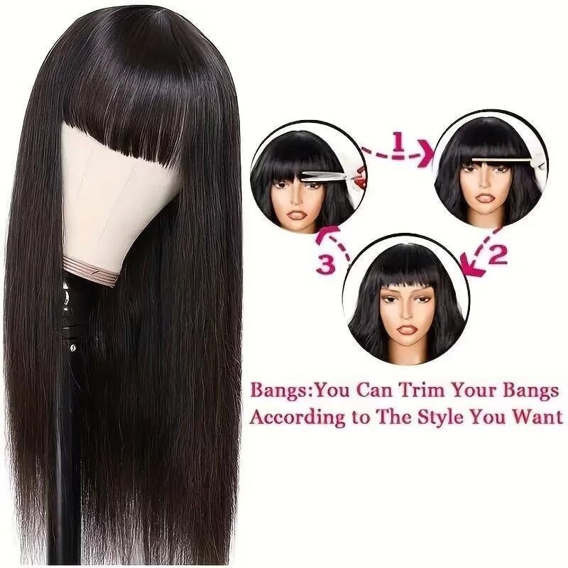 Straight Human Hair Wig With Bangs For Women NO Lace Front Machine Made Wigs