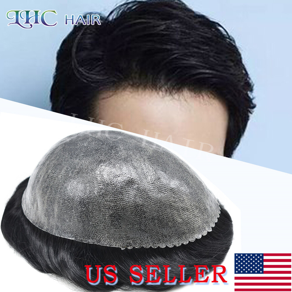 US Full PU Mens Toupee Human Hair Replacement System Durable Thin Skin Hairpiece