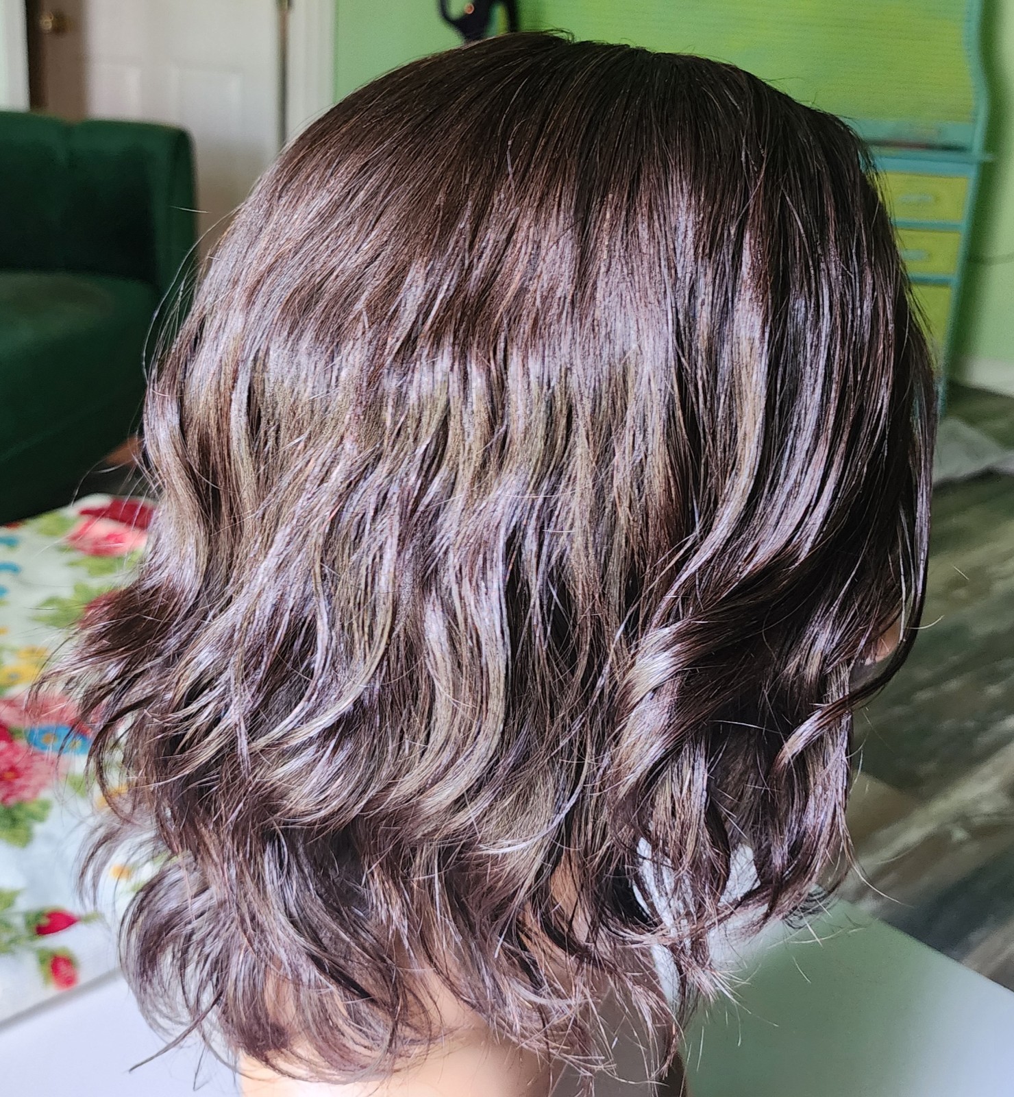 Dark Brown Wavy Layered Human Hair Wig 16 inches Medium Cap, Mono Part