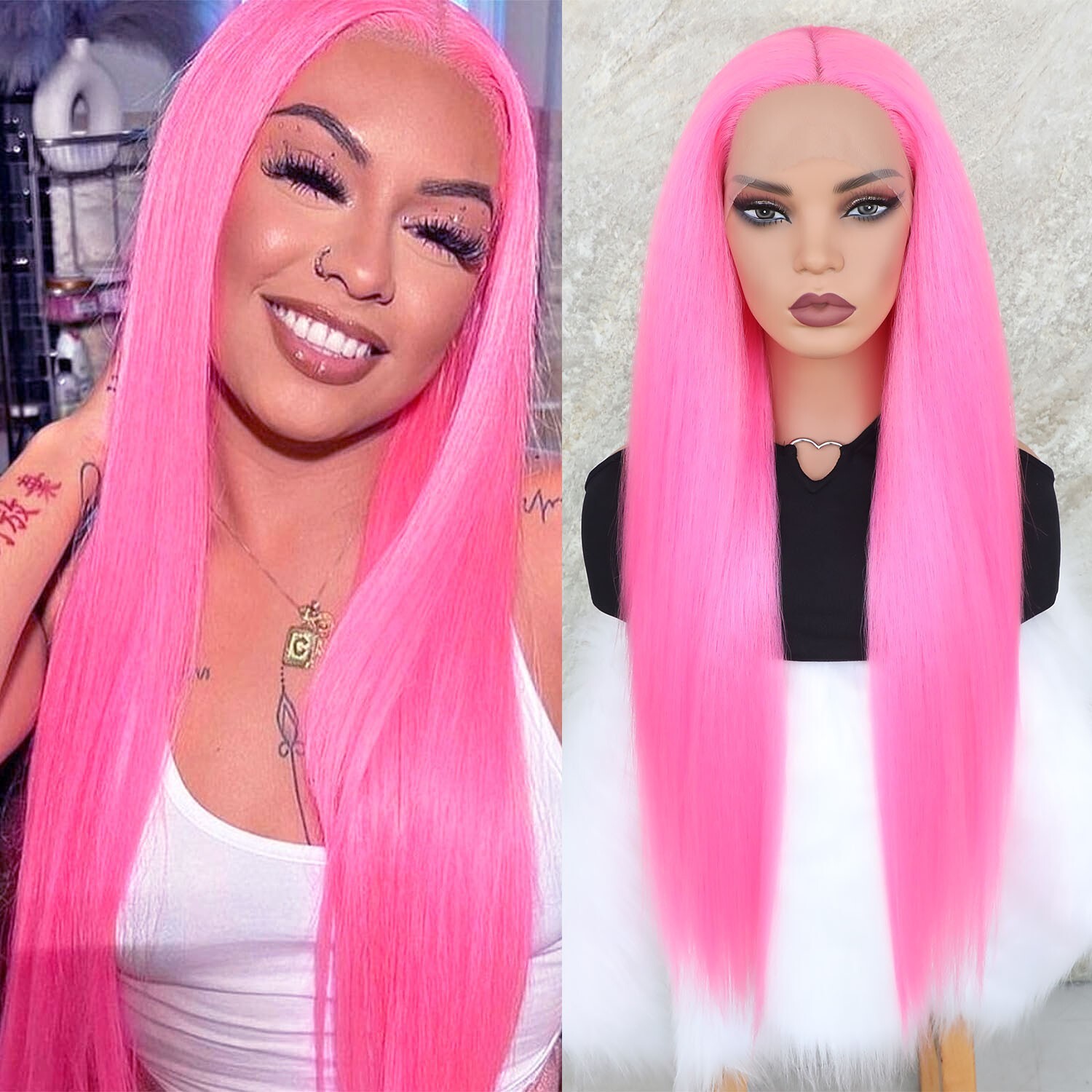 Glueless Synthetic 32inch Long Straight Lace Front Wigs Pre Plucked Women Party
