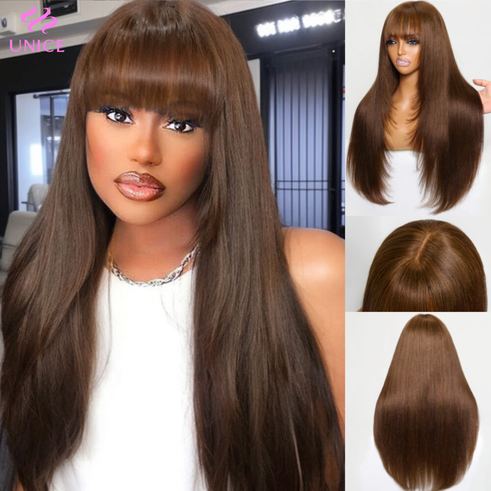 UNice Cambodian Brown Yaki Straight Human Hair Wig with Bangs Lace Wig Layer Cut