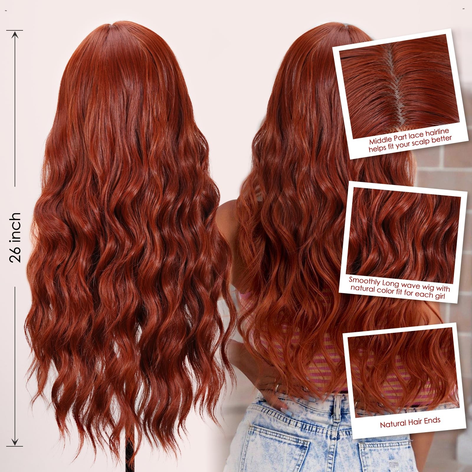 Auburn Wig for Women, 26 Inch Long Wavy Lace Hairline Middle Part Natural Loo…