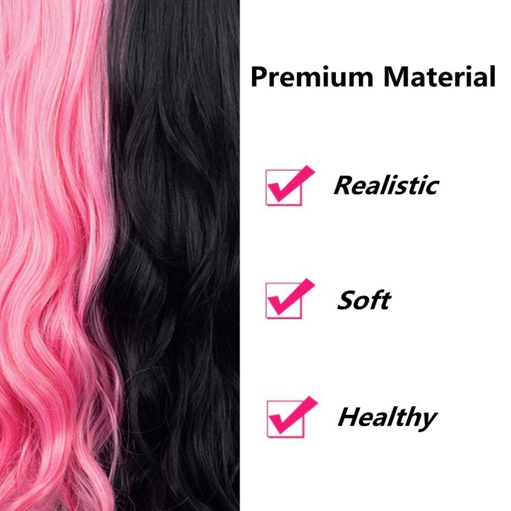 Half Pink Half Black Wavy Wigs Long Curly Wavy Split Synthetic Wig with Bangs…