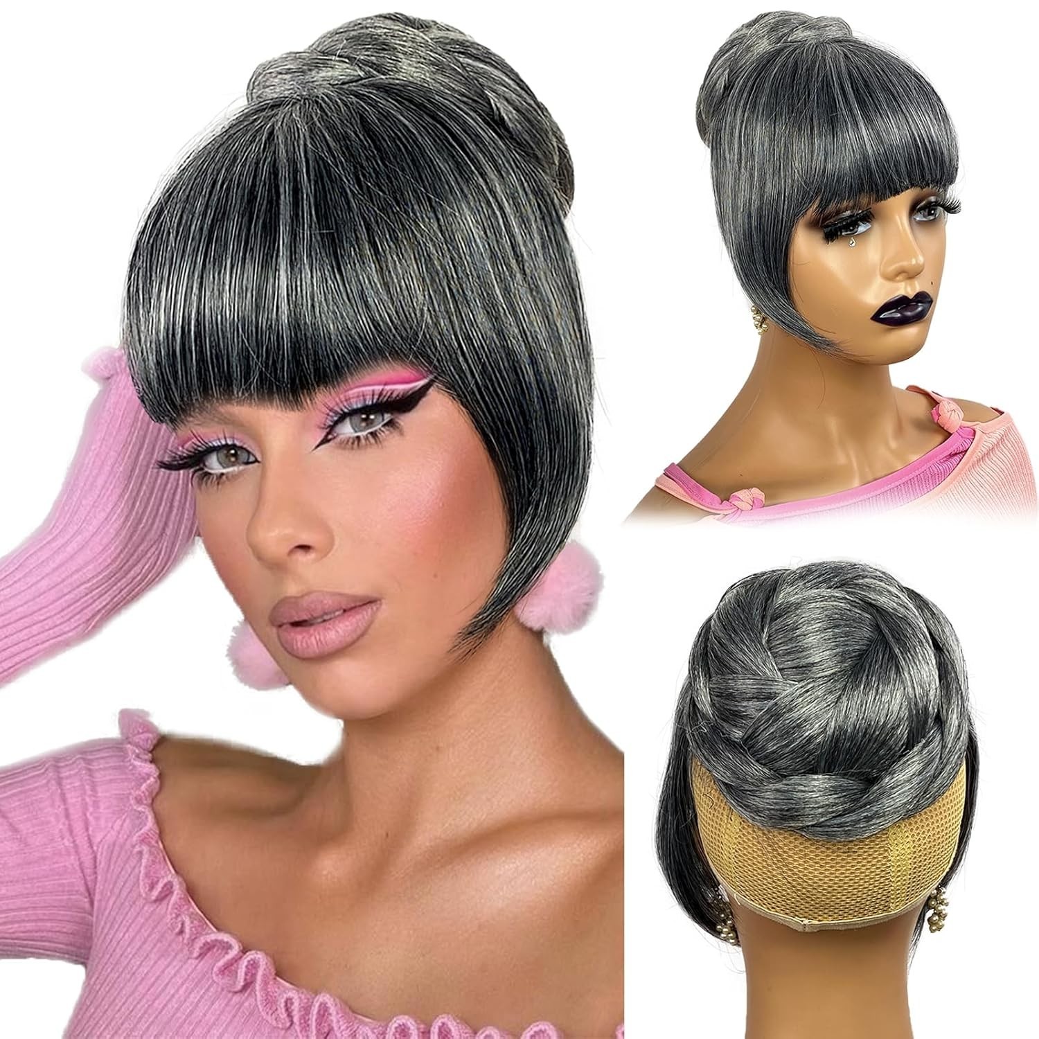 Gray Bun & Bangs Set 2PCS – Salt and Pepper Grey Clip in French Bangs with Tw…