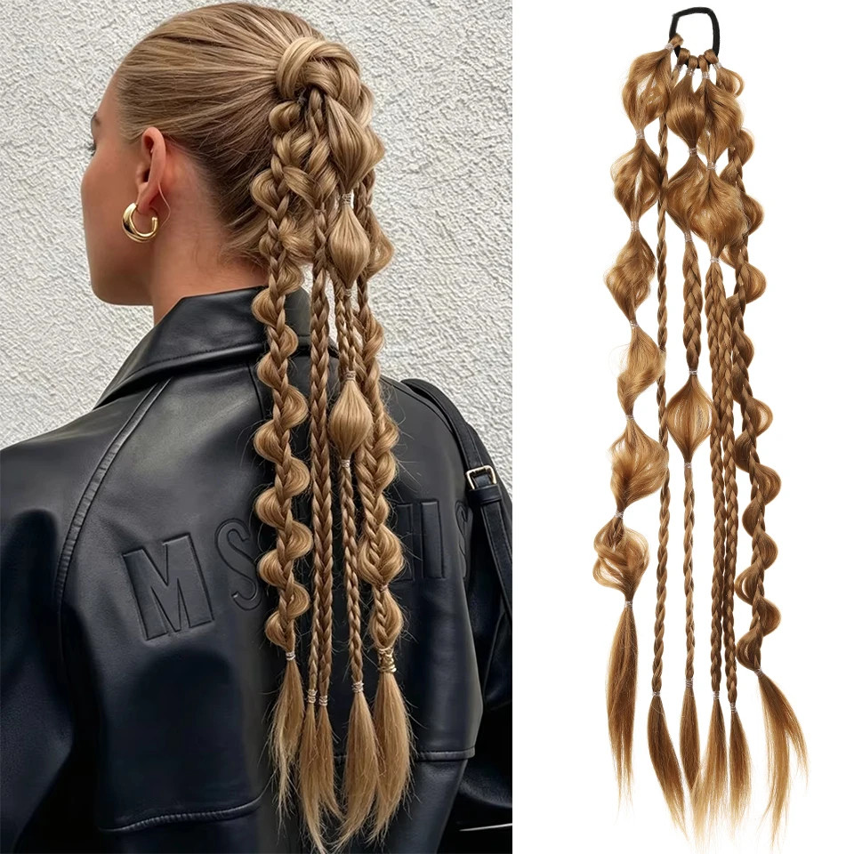 Lightweight Synthetic 24Inch Long Braided Bubble Ponytail Wig For Women Party