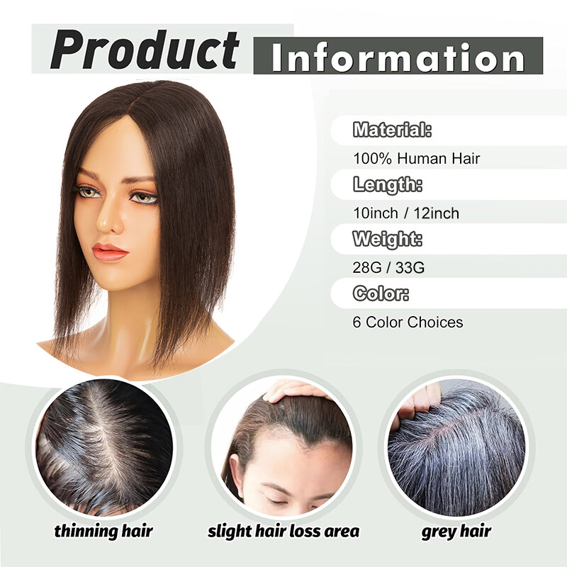 100% Real Human Hair Piece Topper Clip in Top Toupee Hairpiece Women Side Part