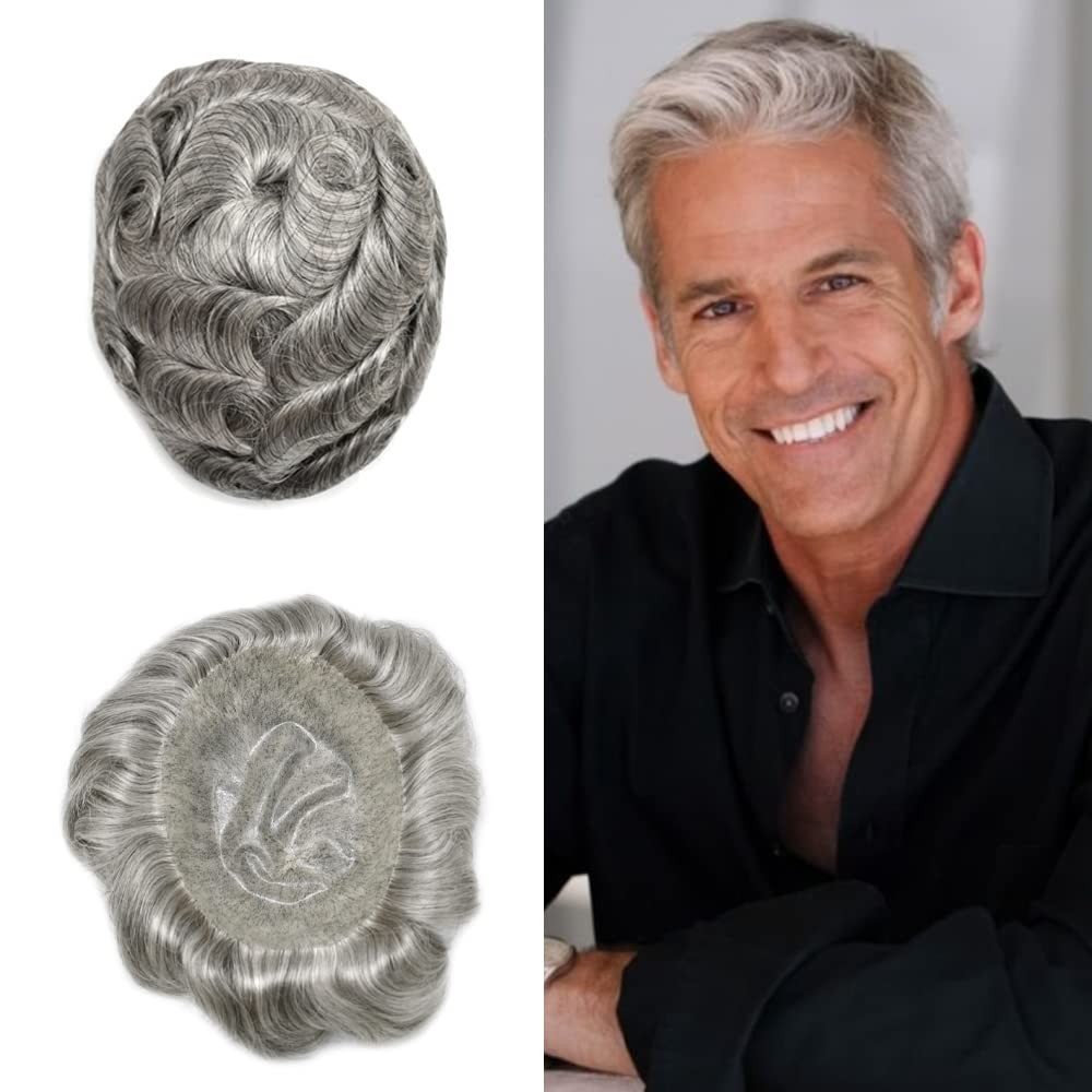 Mens Toupee HumanHair Systems Full Poly Thin Skin HairPiece Replacement SystemUS